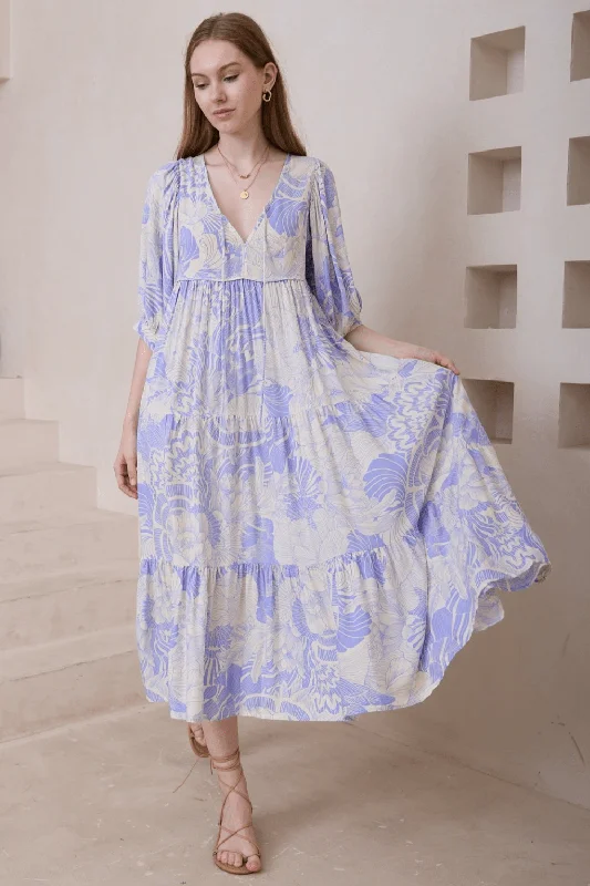 Rhea Boho Midi Dress - Sky Trendy Off-Shoulder Ruffle Midi Dress