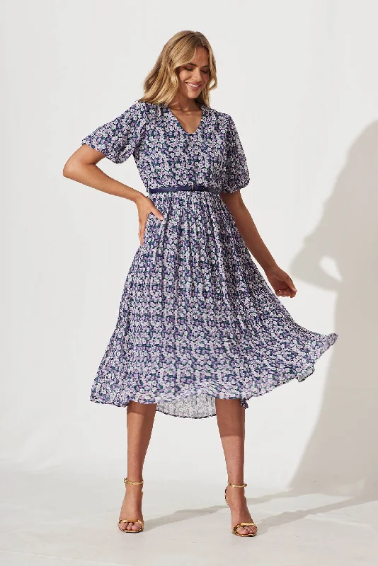 Rosalina Midi Dress With Belt In Multi Blue Floral Fashionable Casual Midi Dress