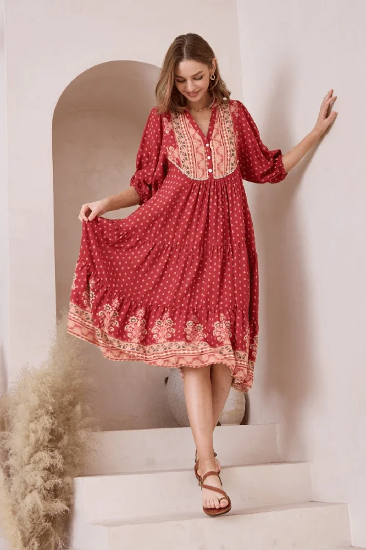 Ruby Midi Dress - Wine Stylish Tiered Midi Dress