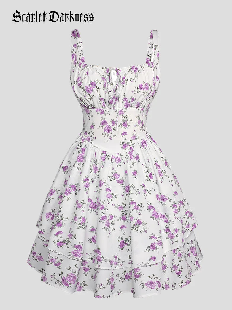 Women Floral Rose Puffy Corset Dress 2-Layer Midi Dress Elegant Sleeveless Midi Dress