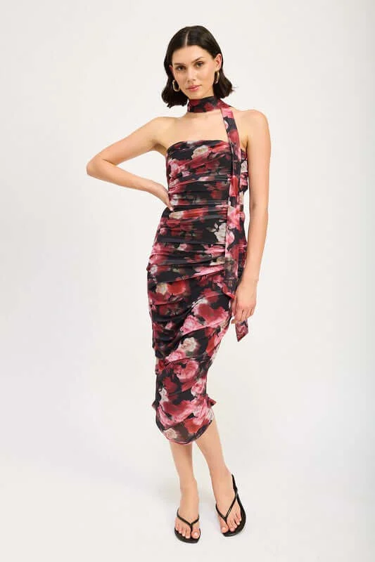 Shirred Floral Midi Dress with Scarf Trendy Tiered Hem Midi Dress