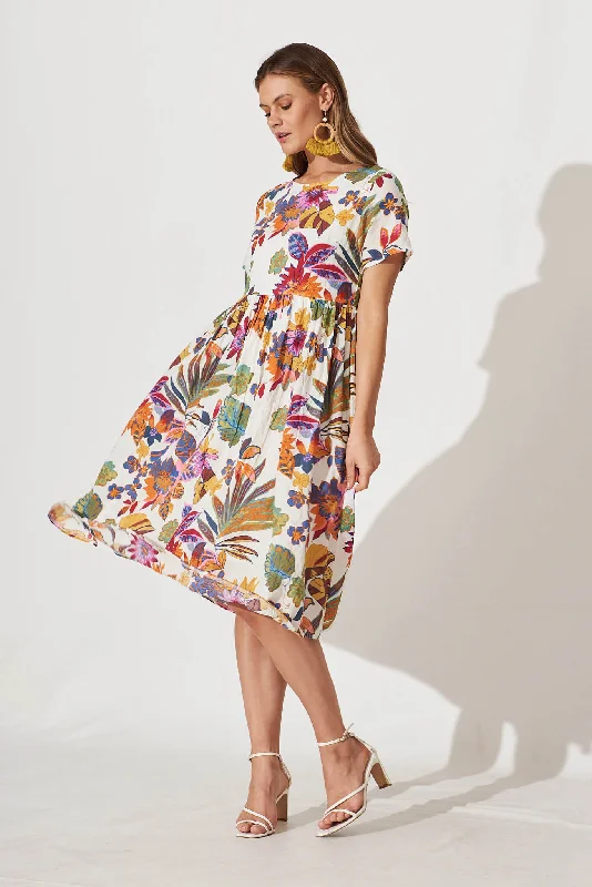 Sonya Smock Midi Dress In White With Bright Multi Floral Elegant Floral Skirt Midi Dress