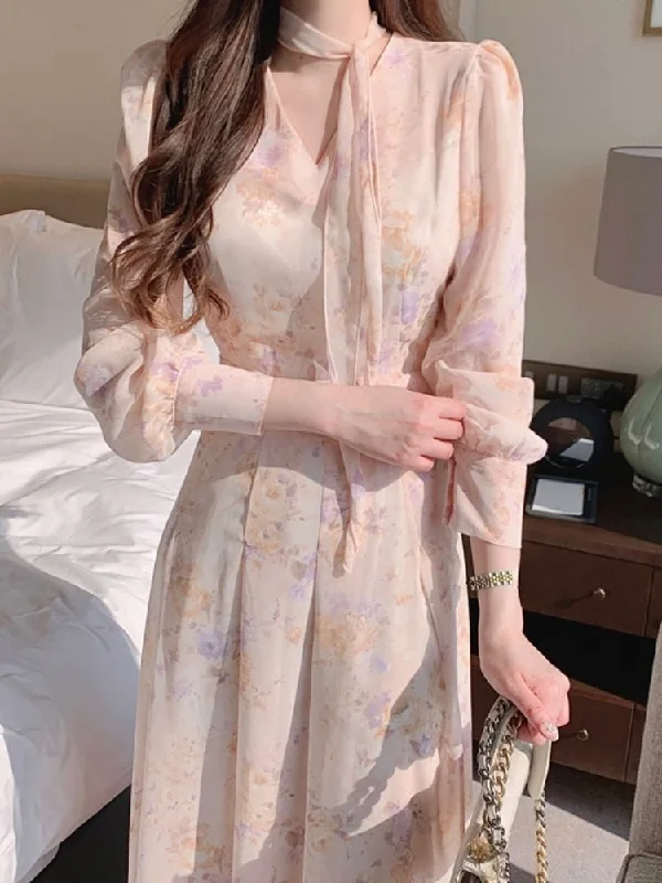 Spring Elegant V-Neck Midi Dress Female Long Sleeve Slim One Piece Dress Korean Fashion Vintage Floral Chiffon Dress Women Comfortable Deep V Midi Dress