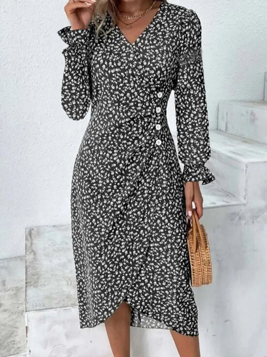 Spring Floral Bodycon Midi Dress For Women V Neck Long Sleeve Ruched Slim Fit Dresses Female Sexy Vestido Robe Trendy Knit Midi Dress