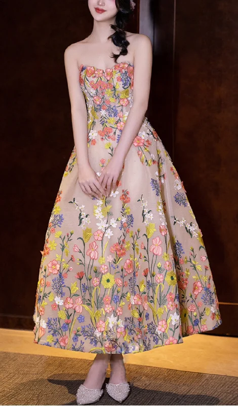 STRAPLESS TEA LENGTH FLORAL MIDI DRESS Comfortable Adjustable Strap Midi Dress