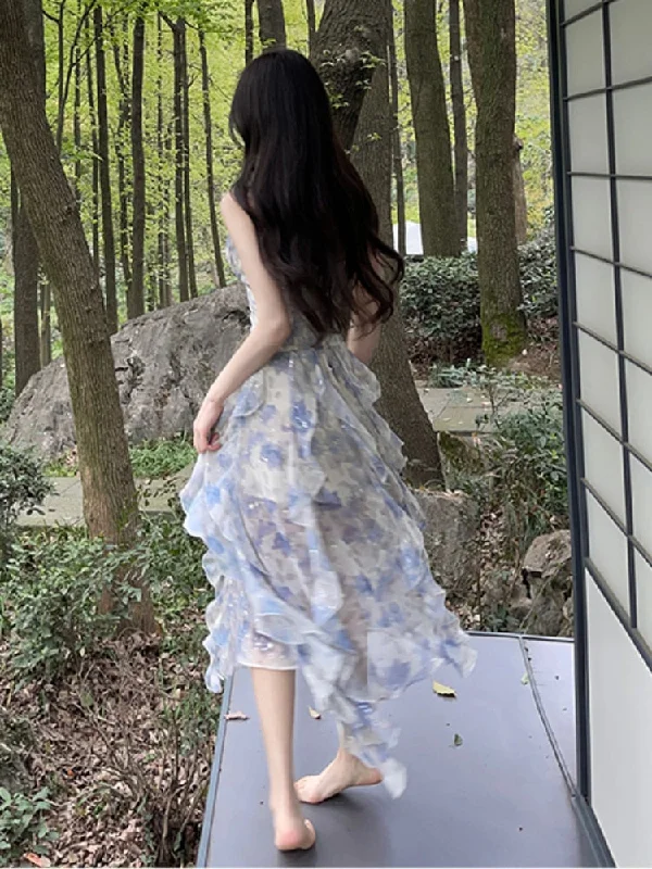 Summer Chiffon Floral Midi Dress Women Casual V-Neck Beach Style Sundress Office Lady Even Party Midi Dress Korean Chic Stylish Off-Shoulder Ruffle Dress
