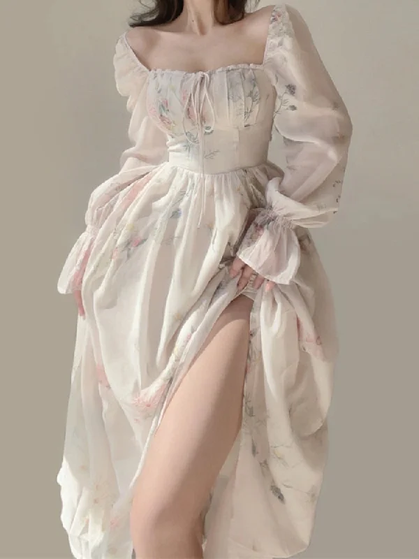 Summer Elegant Floral Fairy Dress Woman Beach Style Party Long Sleeve Midi Dress Fashion Female One Piece Dress Korean Boho Comfortable Floral Print Midi Dress