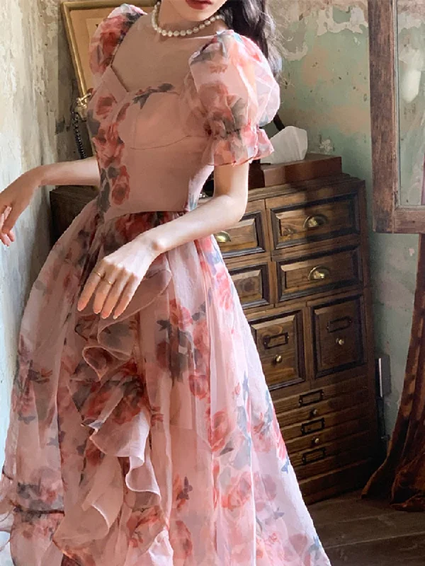 Summer Elegant Party Fairy Dress Woman Casual Beach Style Floral Midi Dress Fashion Korean Dress Female Ruffles Vintage Y2k Elegant Velvet Midi Dress