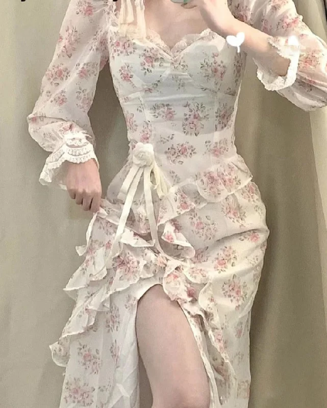 Summer Fairy Vintage Dress Women Casual Korean Style Beach Floral Party Midi Dress Female Print Sweet Lace Sexy Y2k Split Dress Elegant Floral Appliqué Midi Dress