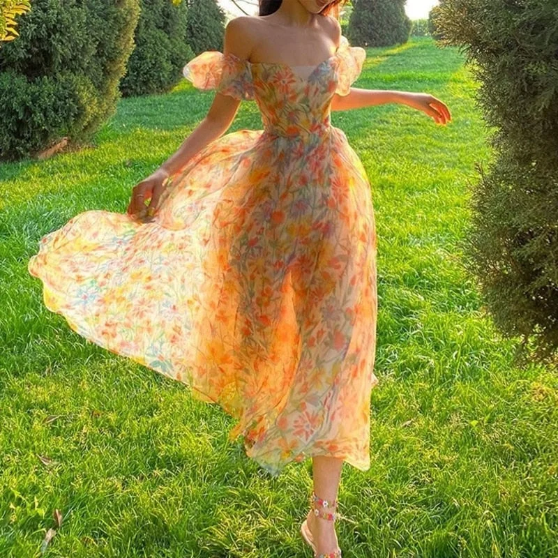 Summer Floral Design Elegant Midi Dresses Women Office Lady One Piece Dress Korean Short Sleeve Vintage Beach Strap Dress Stylish Color Block Midi Dress