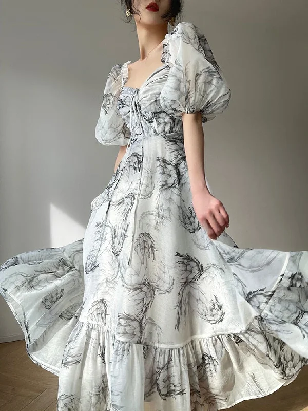 Summer Floral Print Dress Women Sexy French Style Vintage Party Midi Dresses Casual Korean Fashion Elegant Retro Dress Comfortable Geometric Print Midi Dress