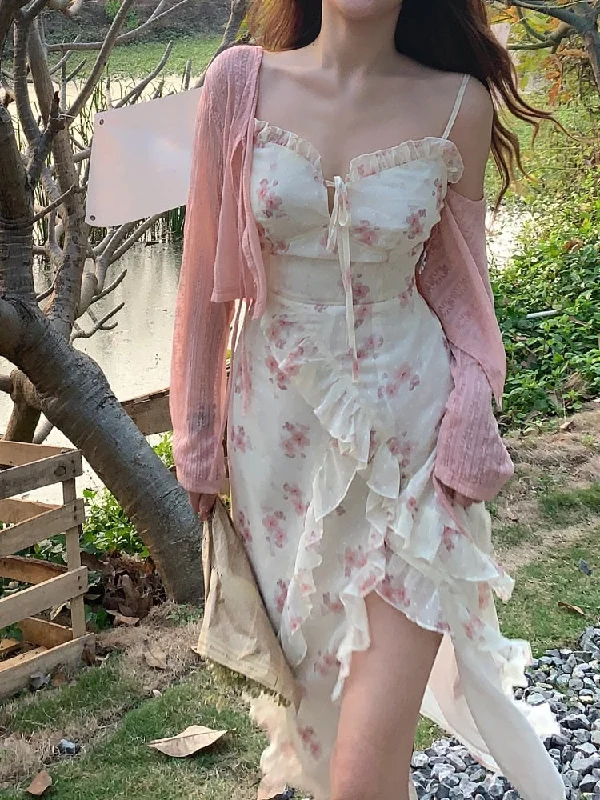 Summer Floral Sleeveless Midi Dress Elegant Sexy French Vintage Strap Dress Woman Party One Piece Dress Korean Fashion Fashionable High-Neck Midi Dress