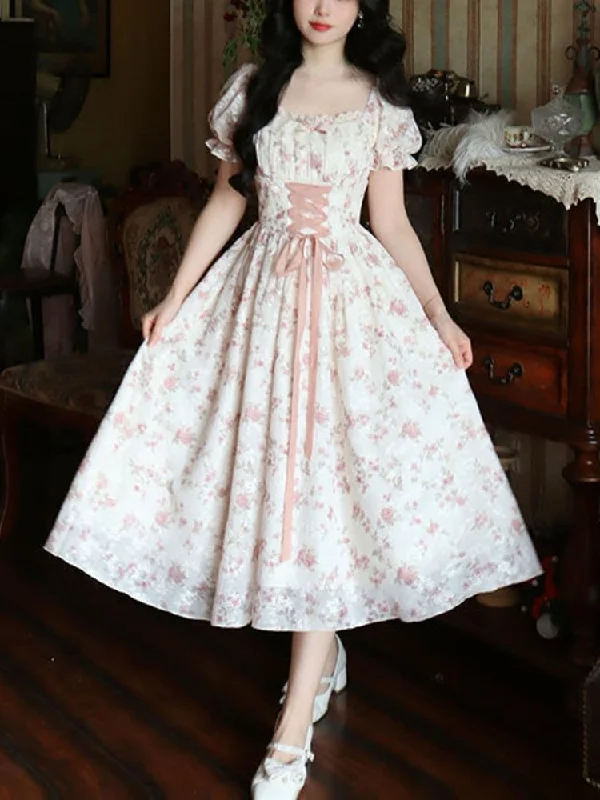 Summer Lace Korean Fairy Dress Women Square Collar Princess Kawaii Floral Midi Dress Female Bandage Sweet Dresses Fashion Trendy Off-Shoulder Ruffle Midi Dress