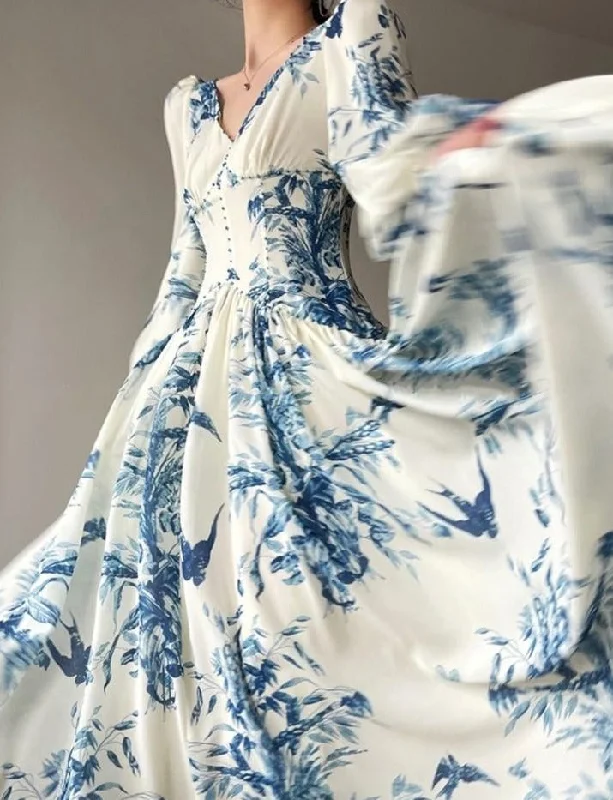 Summer Women New French Vintage Floral Print Party Midi Dresses Elegant V-Neck Lantern Sleeve Prom Clothes Vestidos  Robe Cozy Knit Midi Dress