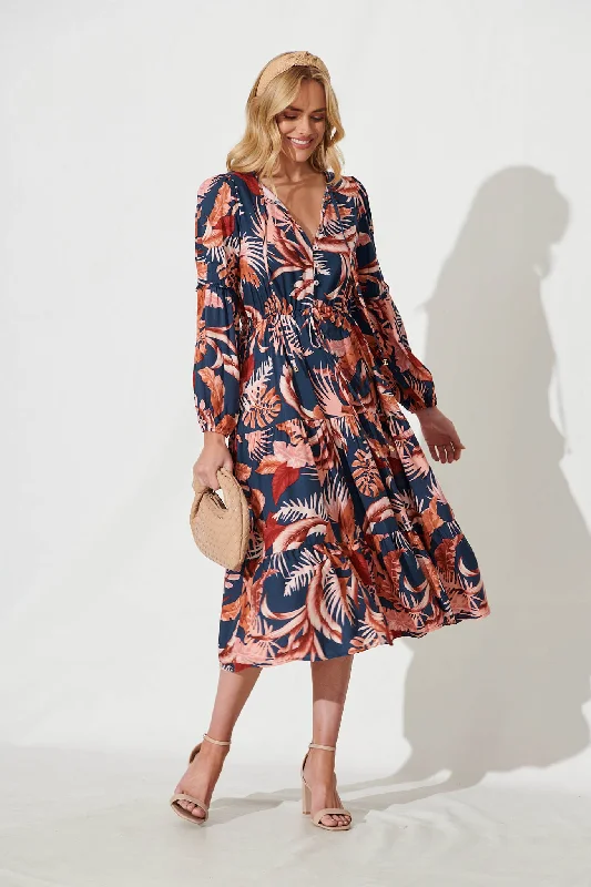 Ti Amo Midi Dress In Navy With Rust Floral Print Comfortable Button Front Midi Dress