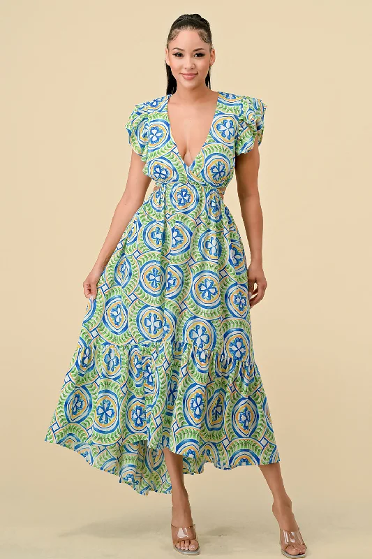 V Neck Waist Cutout Printed Midi Dress Stylish Button-Up Midi Dress