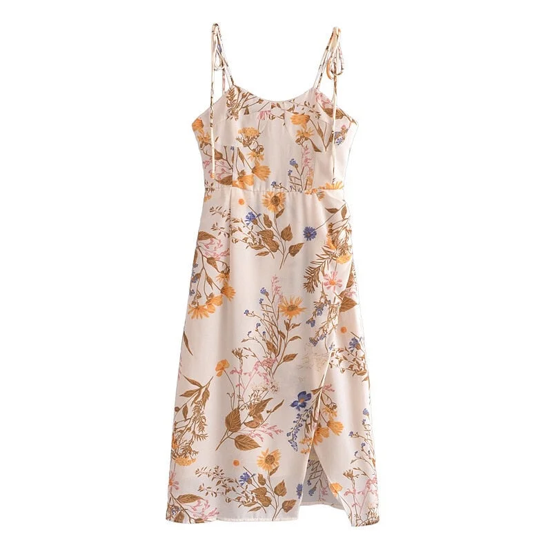 Vintage France Floral Print Adjust Lacing up Spaghetti Strap Midi Dress Sexy Women Elastic Back Hem Split Sling Dresses Elegant Floral Midi Dress