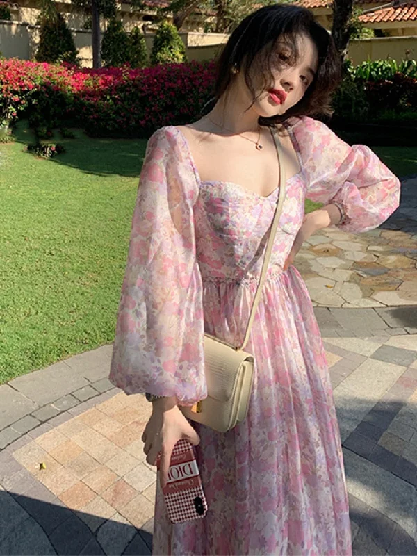 Vintage Long Sleeve One Piece Chiffon Dress for Women Fairy Elegnat French Floral Party Midi Dresses Evening Korean Summer Trendy Smocked Detail Midi Dress