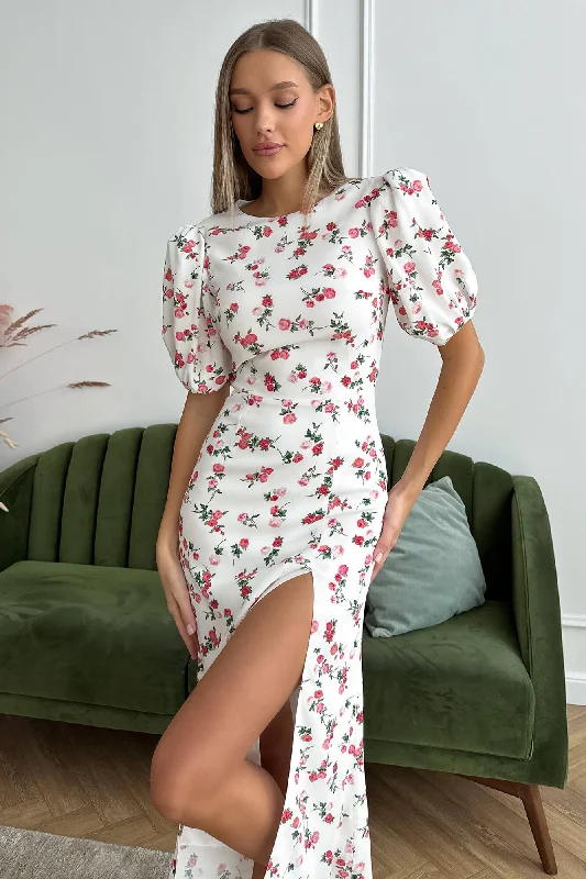 Viscose Puff Sleeve Slit Midi Dress Elegant Lace Trim Midi Dress