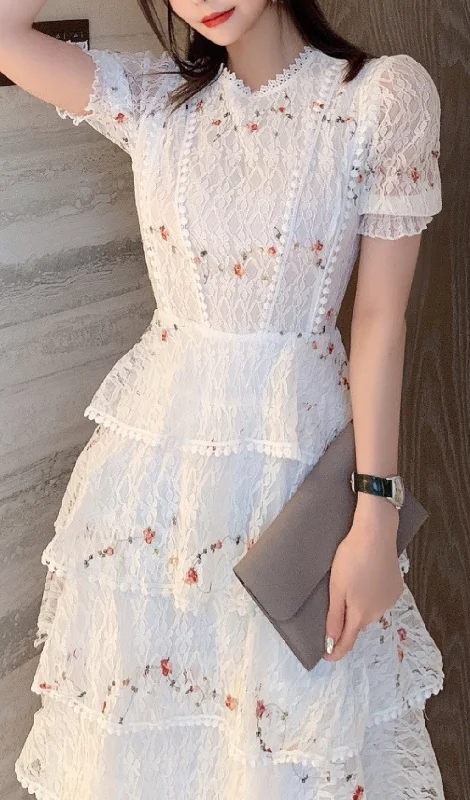 WHITE FLORAL LACE MIDI DRESS Fashionable Sheer Sleeve Midi Dress