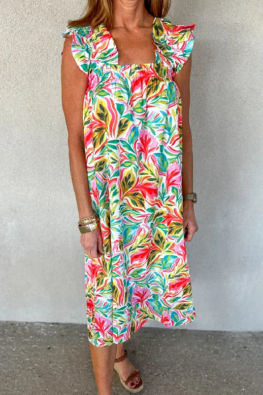 White Floral Print Ruffled Sleeveless Midi Dress Stylish Off-Shoulder Ruffle Dress