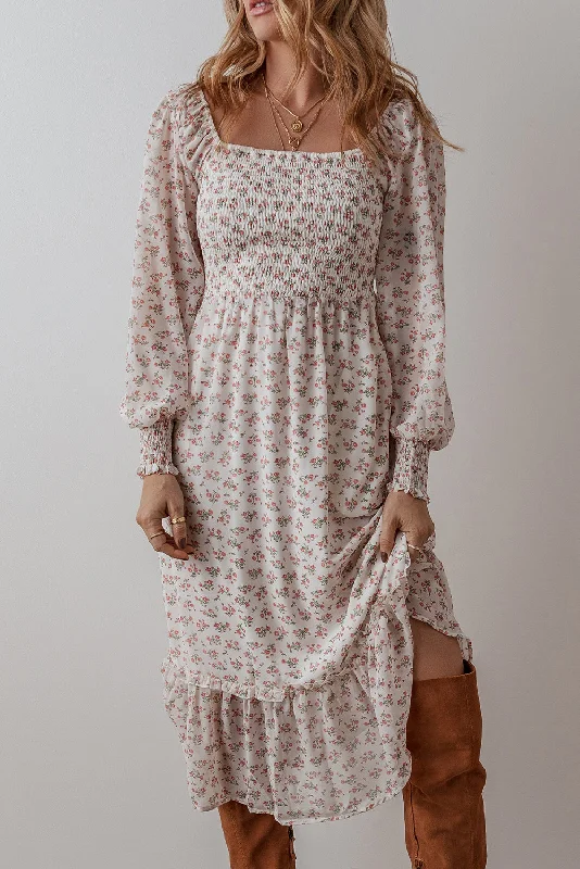 White Floral Print Shirred Ruffled Hem Square Neck Midi Dress Fashionable Skater Midi Dress White Floral Print Shirred Ruffled Hem Square Neck Midi Dress Fashionable Skater Midi Dress