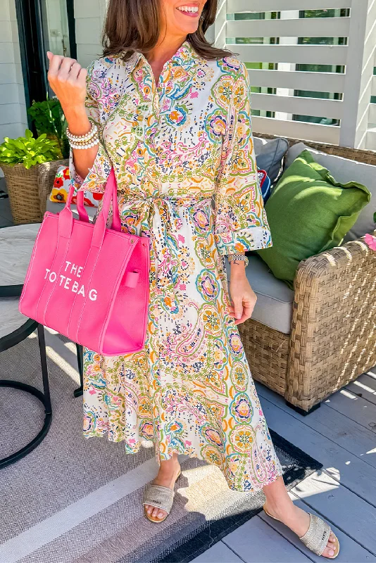 White Paisley Print Buttoned Knotted High Waist Midi Dress Fashionable Fitted Midi Dress White Paisley Print Buttoned Knotted High Waist Midi Dress Fashionable Fitted Midi Dress