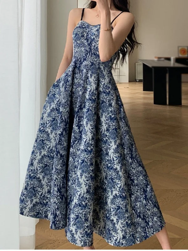 Women Fashion New Floral Casual Midi Dress Spaghetti Strap Elegant Slim A-Line Maxi Vestidos Female Chic Vintage Mujers Robe Comfortable Adjustable Strap Midi Dress