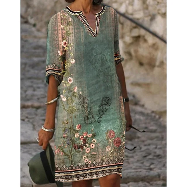 Women's Casual Dress Shift Dress Midi Dress Green Half Sleeve Floral Print Fall Spring Summer V Neck S M L XL XXL 3XL Trendy Boho Midi Dress