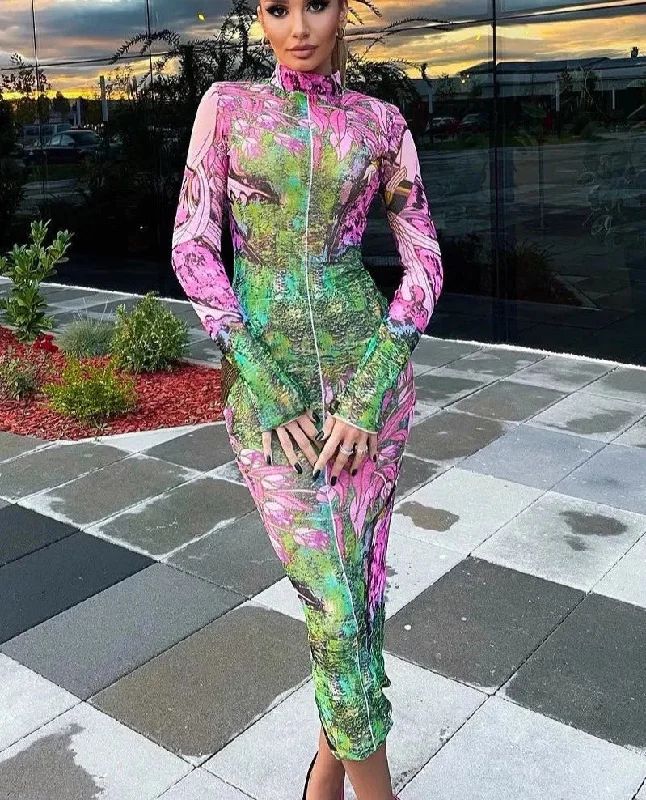 Women Summer Autumn Fashion Long Sleeve Bodycon Streetwear Floral Printed Midi Dress Wholesale Items For Business Elegant Puff Sleeve Midi Dress