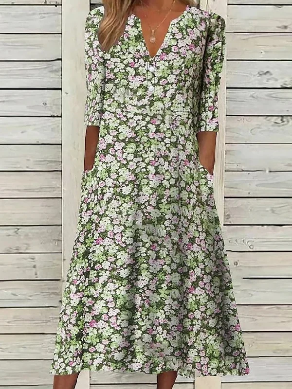 Women's Casual Dress Floral Dress Midi Dress Blue Purple Green Half Sleeve Floral Ruched Summer Spring V Neck Stylish Vacation S M L XL XXL 3XL Cozy Ribbed Knit Midi Dress