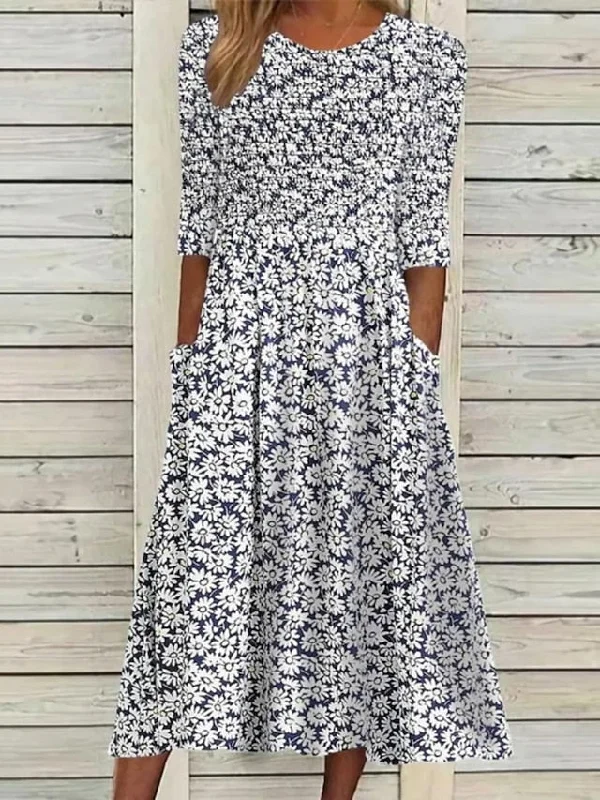 Women's Casual Dress Floral Dress Summer Dress Floral Ruched Pocket Crew Neck Midi Dress Fashion Modern Outdoor Daily Half Sleeve Regular Fit White Blue Green Summer Spring S M L XL XXL Stylish Cold Shoulder Midi Dress