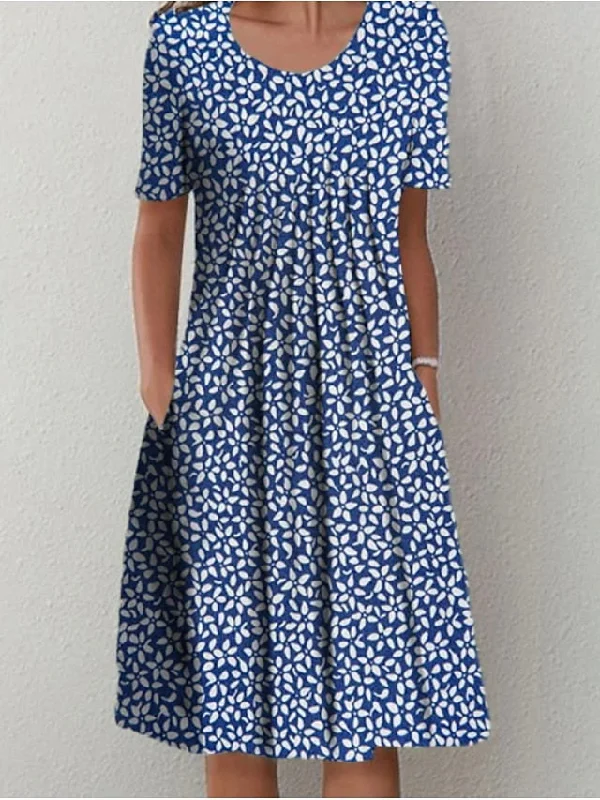 Women's Casual Dress Midi Dress Blue Short Sleeve Floral Ruched Spring Summer Crew Neck Basic S M L XL XXL 3XL Fashionable A-Line Midi Dress
