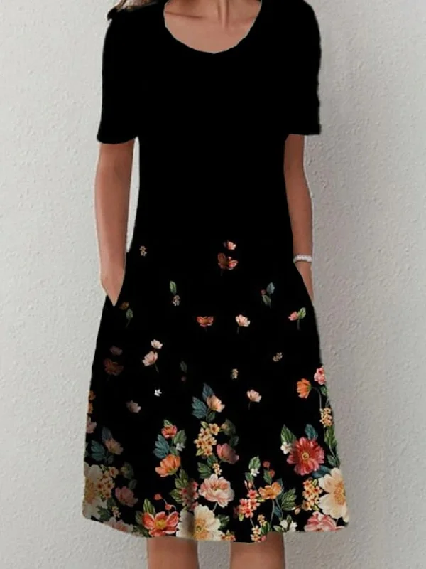 Women's Casual Dress Shift Dress Midi Dress Black Short Sleeve Floral Ruched Summer Spring Crew Neck Fashion Vacation Summer Dress Spring Dress S M L XL XXL 3XL Stylish Midi Dress with Cuffs
