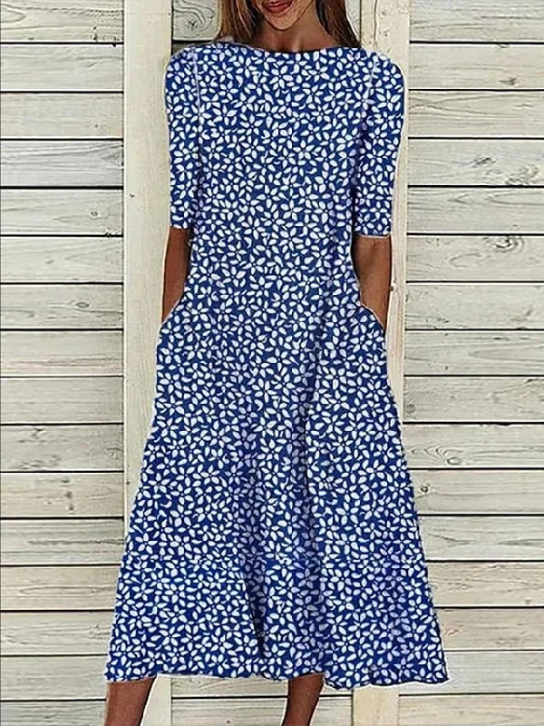 Women's Casual Dress Shift Dress Midi Dress Blue Half Sleeve Floral Loose Spring Summer Crew Neck Basic 2023 3XL Comfortable Short Sleeve Midi Dress