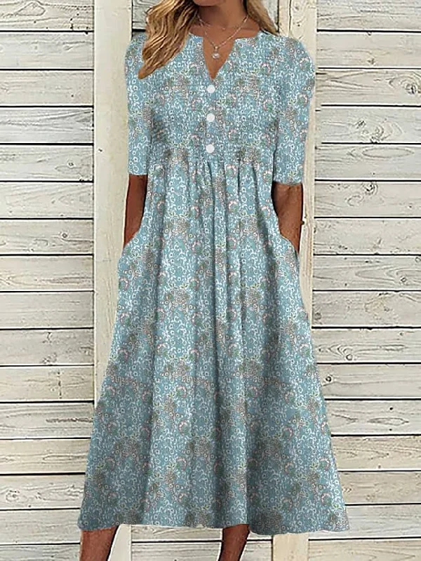 Women's Casual Dress Summer Dress Print Dress Graphic Floral Ruched Button V Neck Midi Dress Fashion Mature Daily Vacation Short Sleeve Regular Fit Blue Dark Blue Summer Spring S M L XL XXL Fashionable Casual Midi Dress