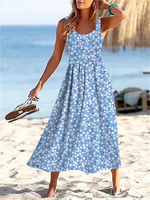 Women's Casual Dress Swing Dress A Line Dress Floral Ditsy Floral Print U Neck Midi Dress Active Fashion Outdoor Daily Sleeveless Regular Fit Light Green Pink Blue Summer Spring S M L XL XXL Comfortable Button Front Midi Dress