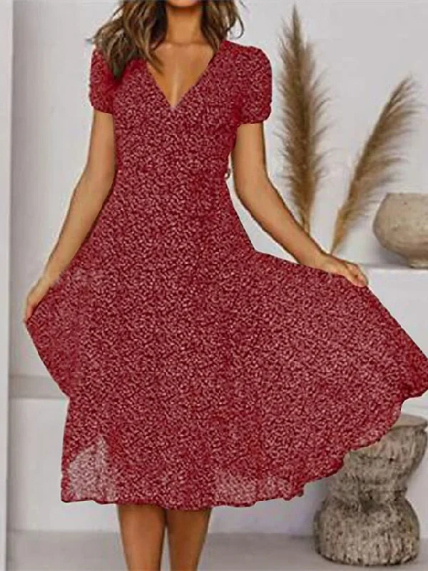 Women's Casual Dress Swing Dress Floral Dress Midi Dress Black Wine Red Short Sleeve Ditsy Floral Print Summer Spring V Neck Fashion Vacation Loose Fit S M L XL XXL 3XL Trendy Bodycon Midi Dress