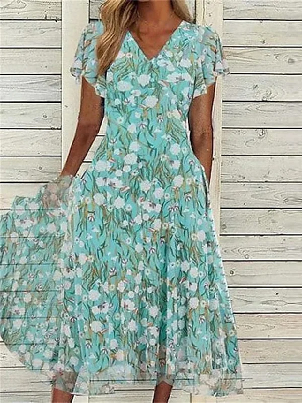 Women's Casual Dress Swing Dress Summer Dress Floral Pocket Print V Neck Midi Dress Fashion Elegant Outdoor Daily Short Sleeve Regular Fit Green Summer Spring S M L XL XXL Fashionable Plaid Midi Dress