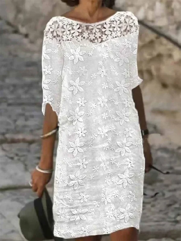 Women's Cotton Linen Dress Casual Dress Midi Dress Cotton Blend Modern Casual Daily Vacation Crew Neck Lace Print Half Sleeve Summer Spring Fall Regular Fit White Floral S M L XL 2XL Trendy Floral Wrap Midi Dress