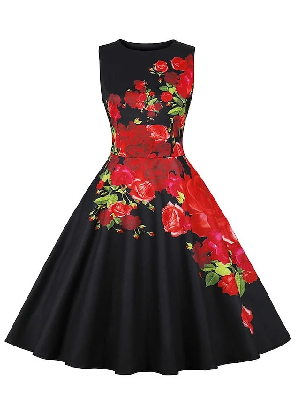 Women's Retro 1950s Vintage Dress Midi Dress Daily Holiday Ruched Bow Floral Crewneck Sleeveless Regular Fit Summer Spring Deep Purple Black S M L XL Stylish Tiered Midi Dress