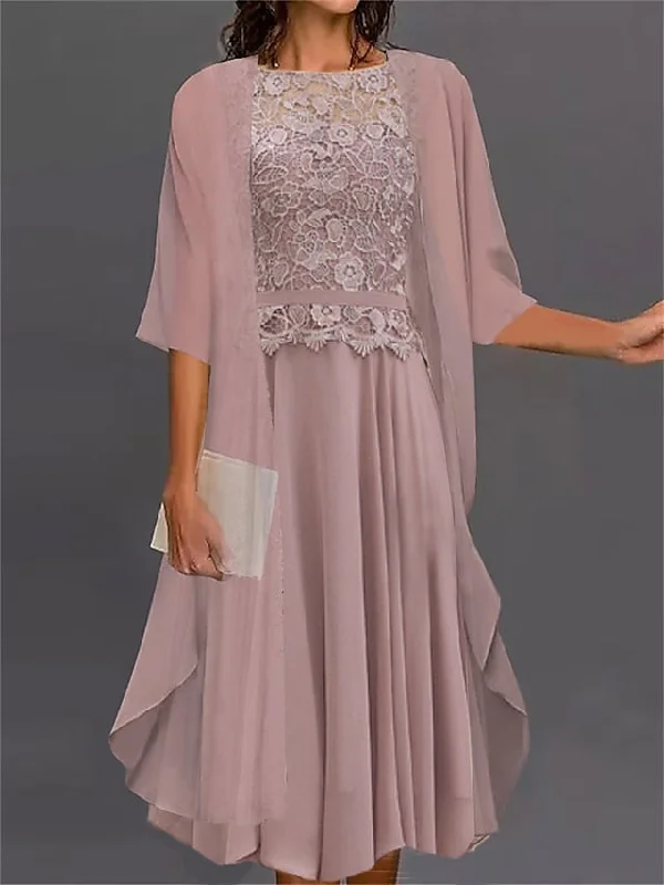 Women's Two Piece Dress Set Casual Dress Lace Dress Outdoor Daily Fashion Elegant Lace Embroidered Midi Dress Crew Neck 3/4 Length Sleeve Floral Regular Fit Pink Summer Spring S M L XL XXL Chic Lace Detail Midi Dress