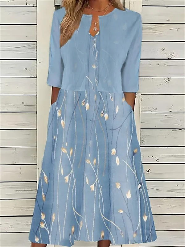 Women's Two Piece Dress Set Casual Dress Print Dress Outdoor Daily Fashion Elegant Pocket Print Midi Dress Crew Neck Half Sleeve Floral Regular Fit Pink Blue Green Summer Spring S M L XL XXL Trendy Midi Dress with Belt