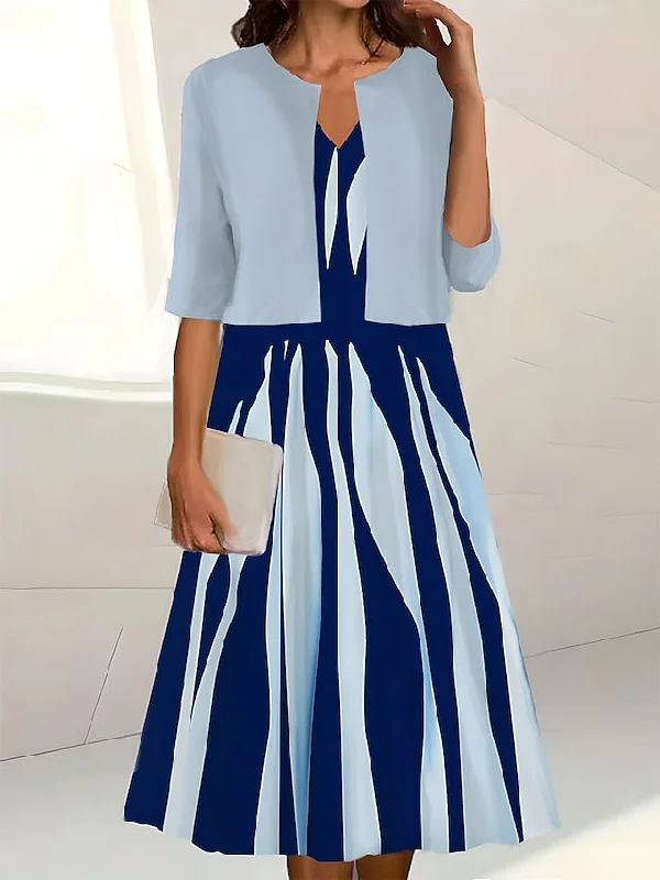 Women's Two Piece Dress Set Casual Dress Print Dress Outdoor Daily Fashion Elegant Print Midi Dress V Neck Half Sleeve Floral Stripe Regular Fit White Pink Blue Summer Spring S M L XL XXL Elegant Sleeveless Midi Dress