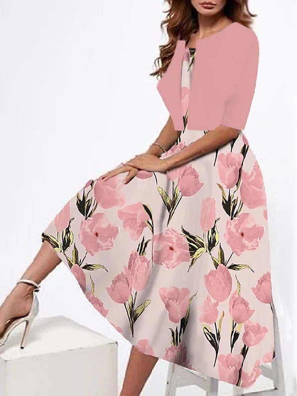 Women's Two Piece Dress Set Casual Dress Tank Dress Outdoor Daily Fashion Streetwear Print Midi Dress Strap Half Sleeve Floral Loose Fit Pink Dark Pink Peach Summer Spring S M L XL XXL Stylish Vintage Midi Dress