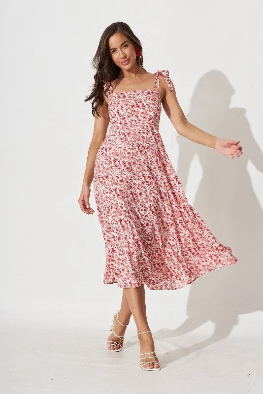 Yelina Midi Dress In White With Red Floral Trendy Ruffled Sleeve Midi Dress