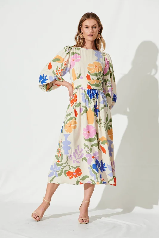 Zoe Midi Dress In Beige With Multi Floral Linen Blend Fashionable Plaid Midi Dress