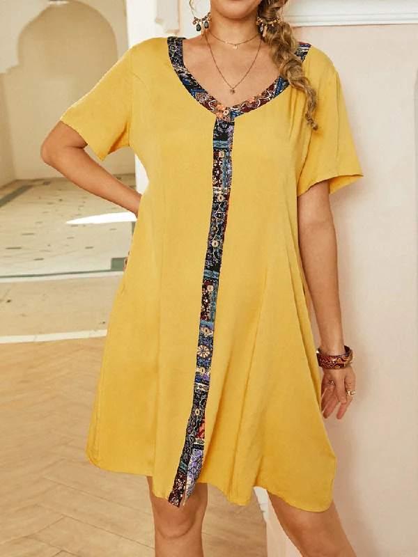 Women Patchwork V-Neck Button Down Front Short Sleeve Mini Dress Trendy Tie-Dye Mini Dress