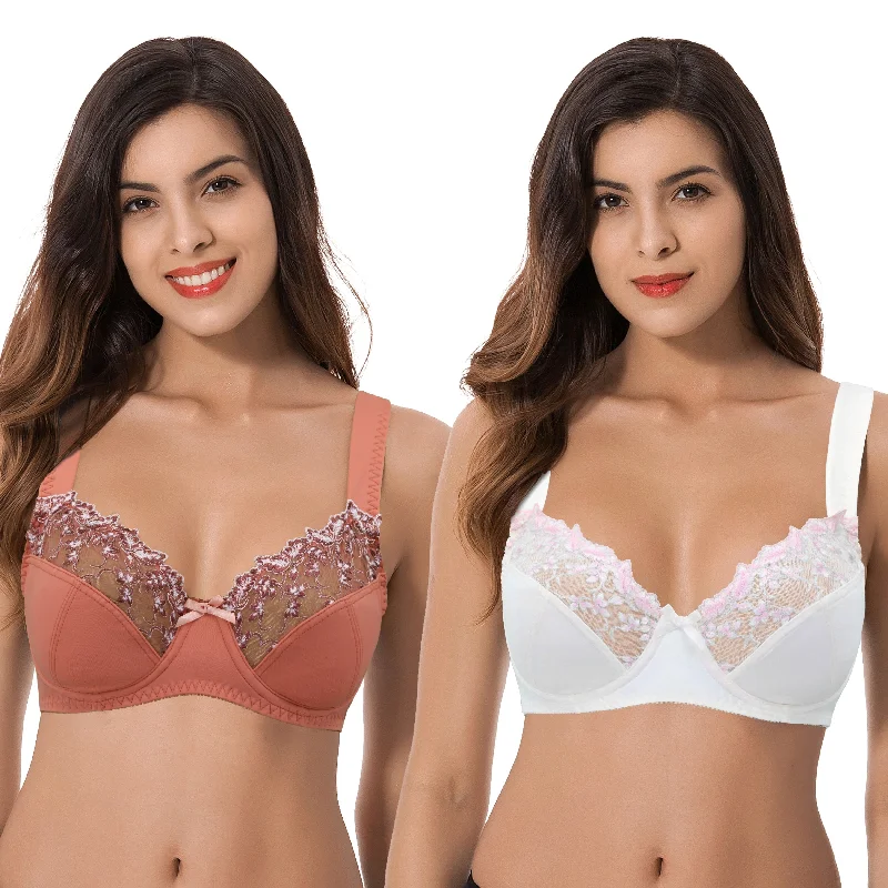 Women's Plus Size Minimizer Underwire Bra With Lace Embroidery High Support Bra