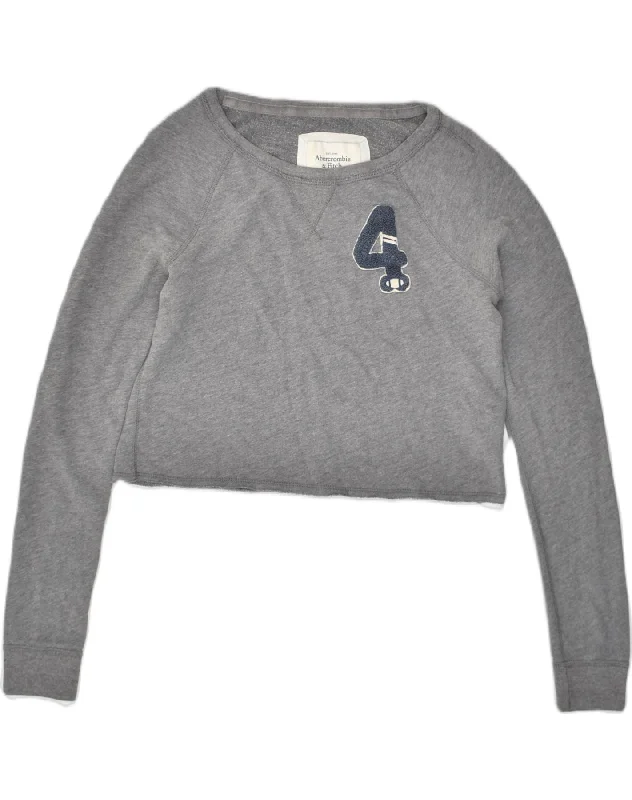 ABERCROMBIE & FITCH Womens Crop Sweatshirt Jumper UK 10 Small Grey Cotton Hoodie with Tie-Dye Psychedelic Retro